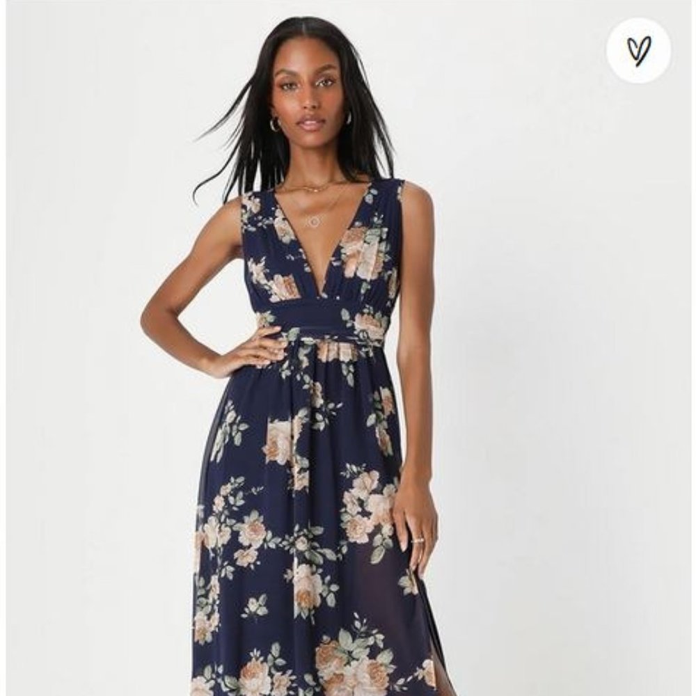 Lulus Heavenly Hues Floral Navy Chiffon Maxi